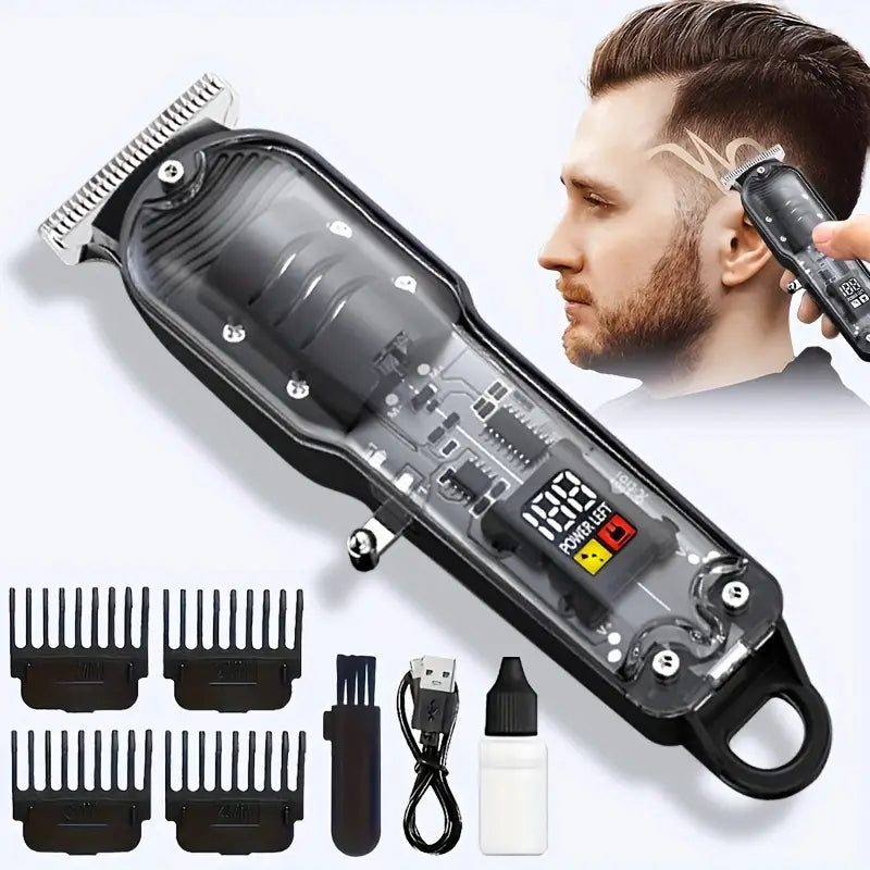 Cordless Hairdresser Shaver Barber Rechargeable USB Digital Display Transparent Design